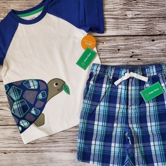 Gymboree Turtle and Frogs T-Shirts and Plaid Shorts Outfit NWT - Picture 6 of 8